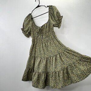 Liberty Love Peasant Dress M Sage Green Floral Puff Sleeve Tiered Boho Cottage